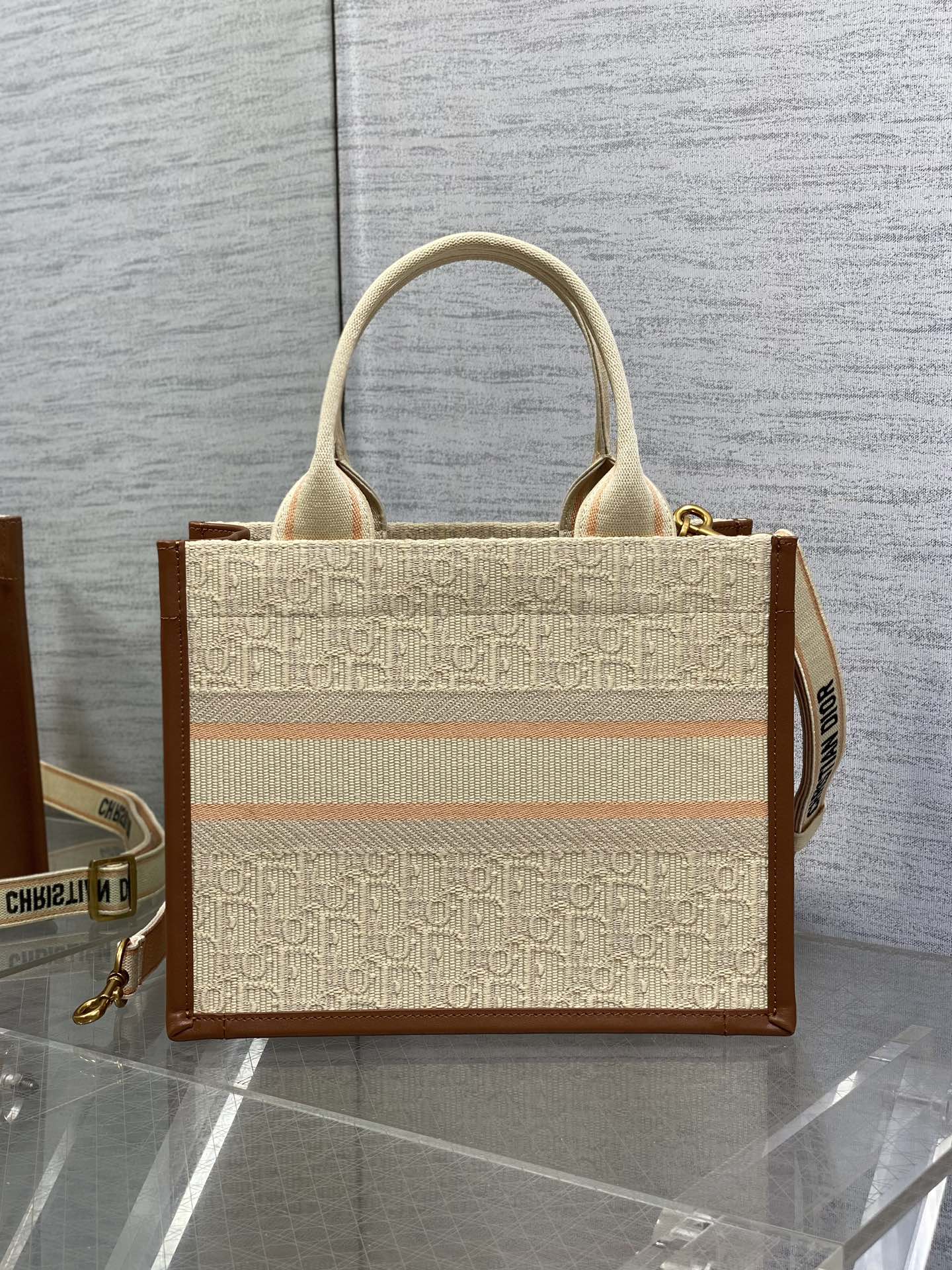 Small Book Tote 27 Beige Oblique Embroidered Raffia Camel Calfskin