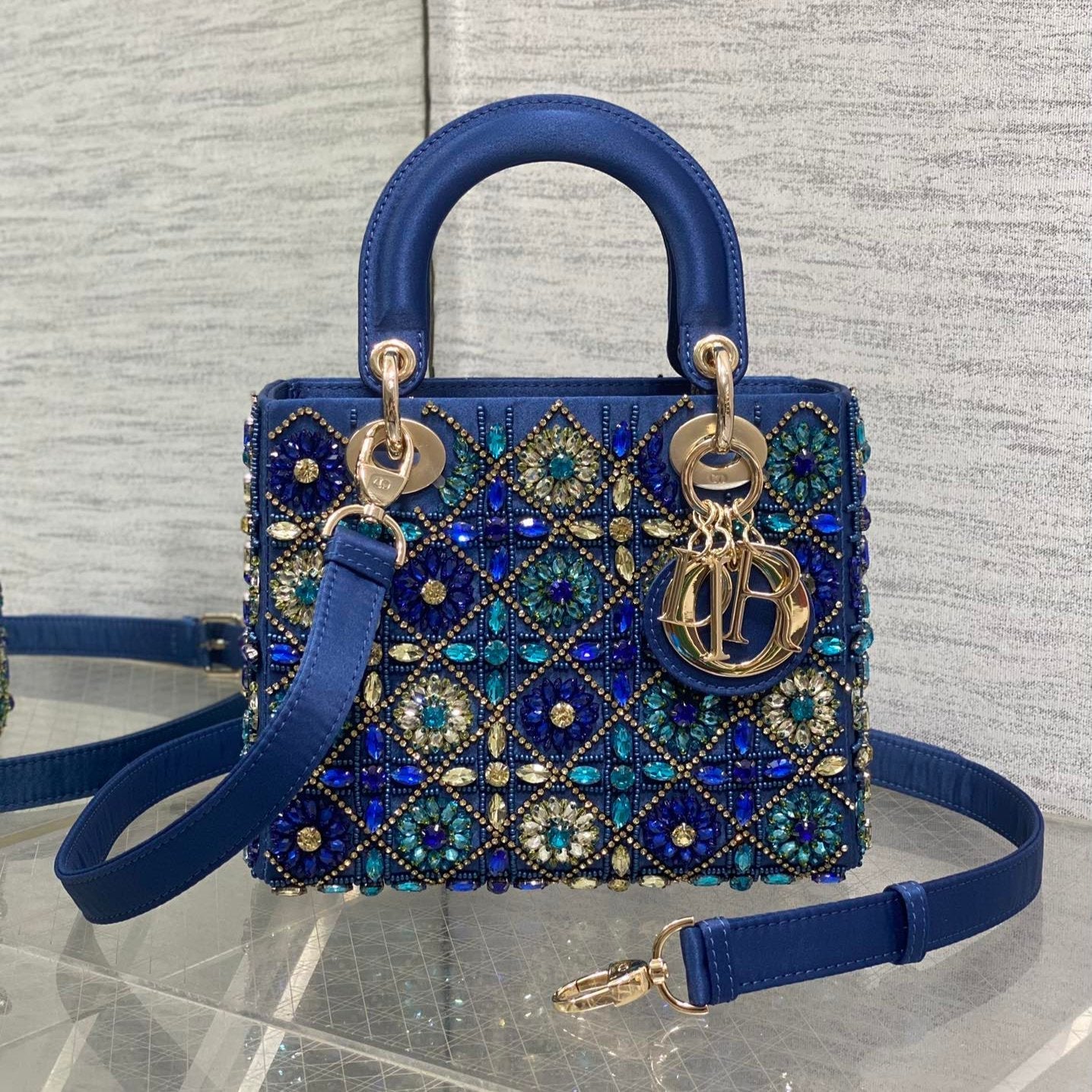 CD Lady Bag 20cm Blue Lambskin Crystal Embellished