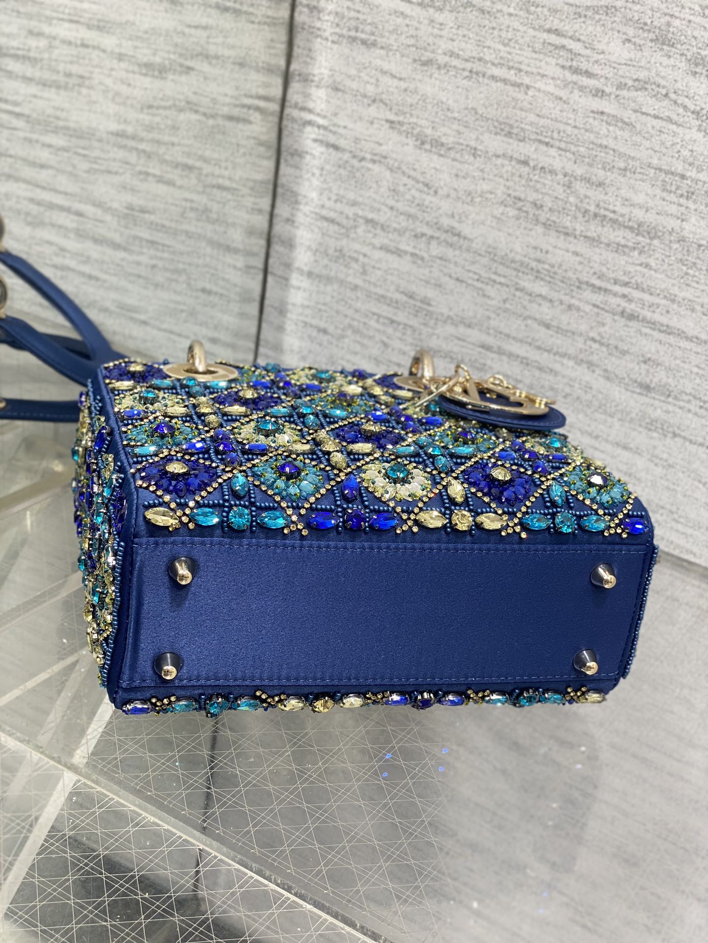 CD Lady Bag 20cm Blue Lambskin Crystal Embellished