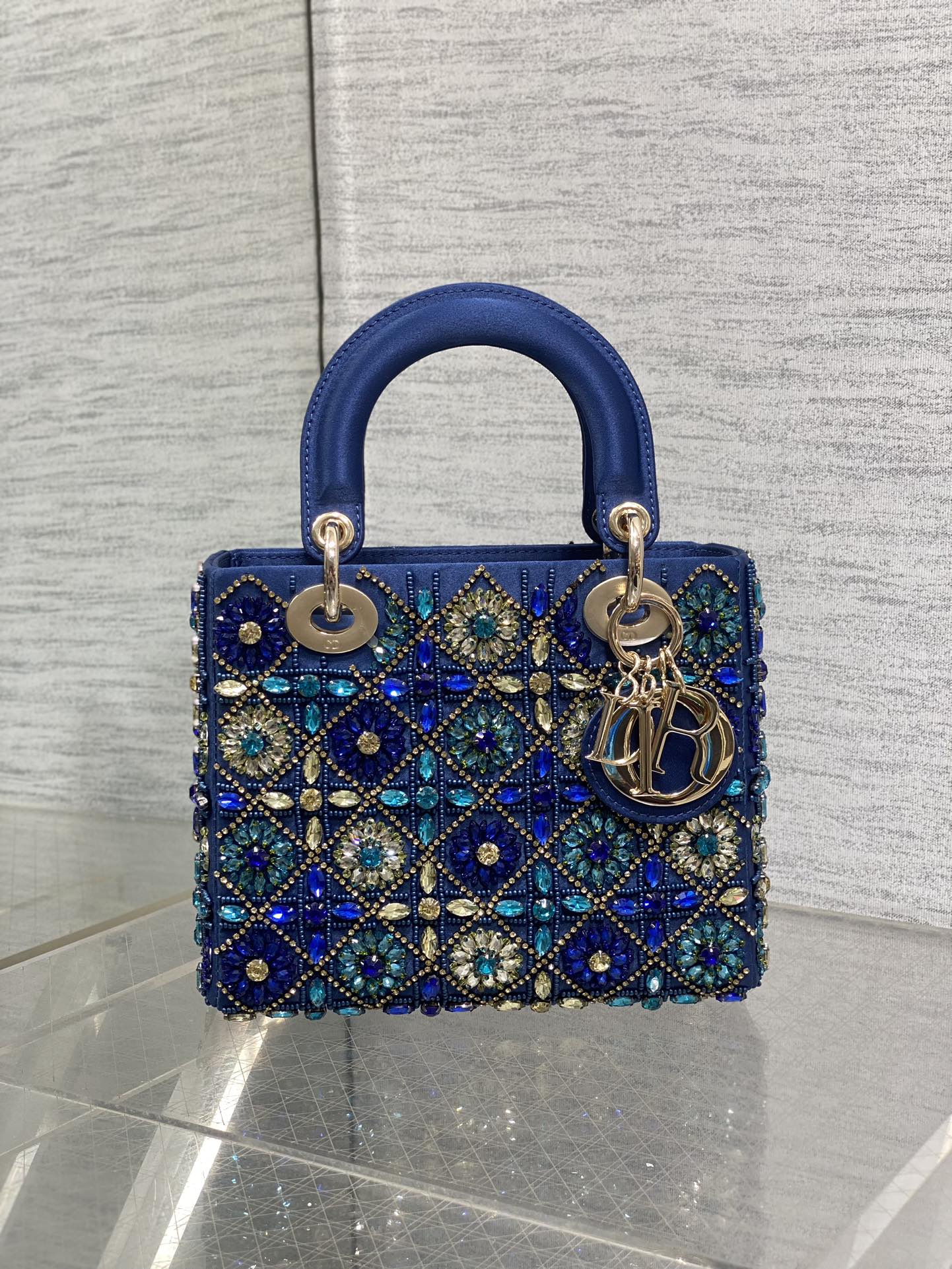 CD Lady Bag 20cm Blue Lambskin Crystal Embellished