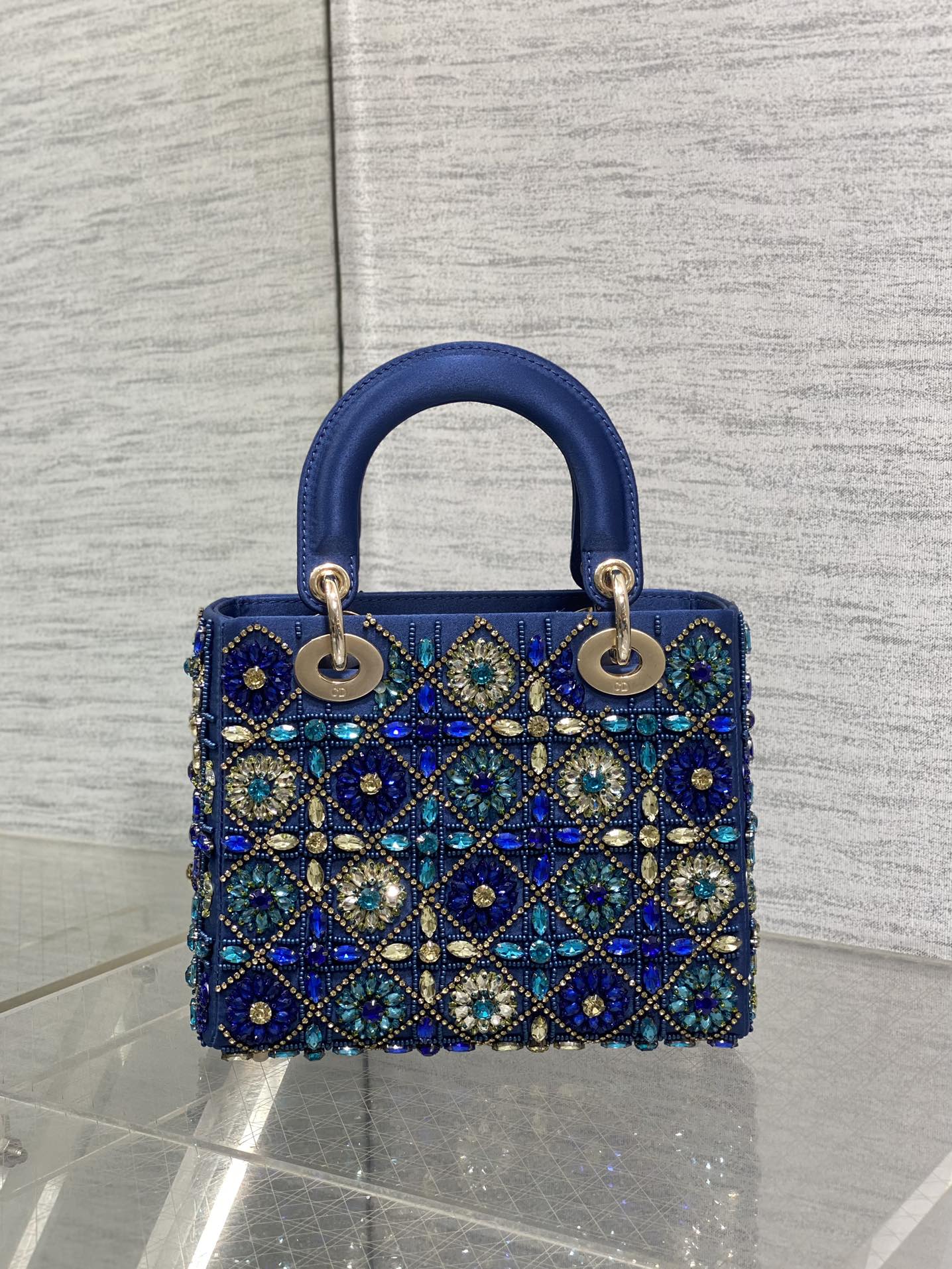 CD Lady Bag 20cm Blue Lambskin Crystal Embellished