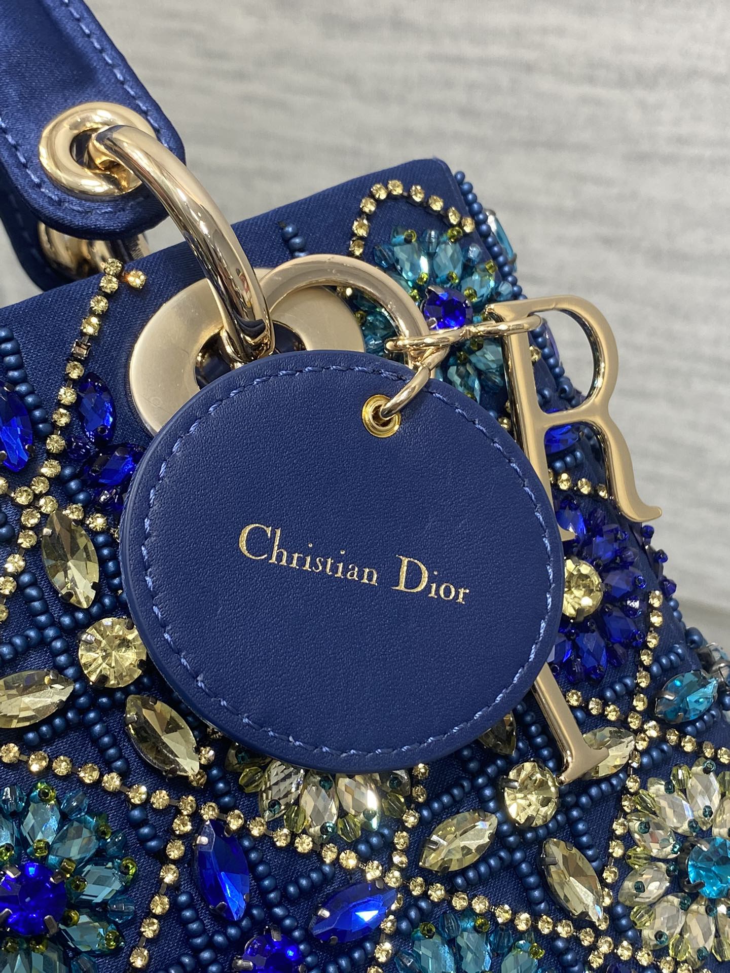 CD Lady Bag 20cm Blue Lambskin Crystal Embellished