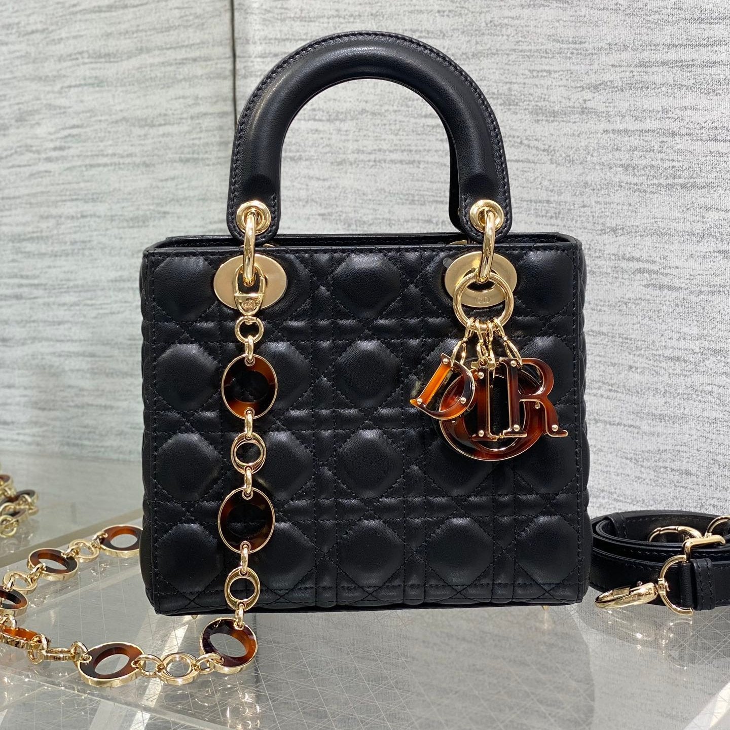 CD Lady Bag 20cm Black Lambskin Brown Charm