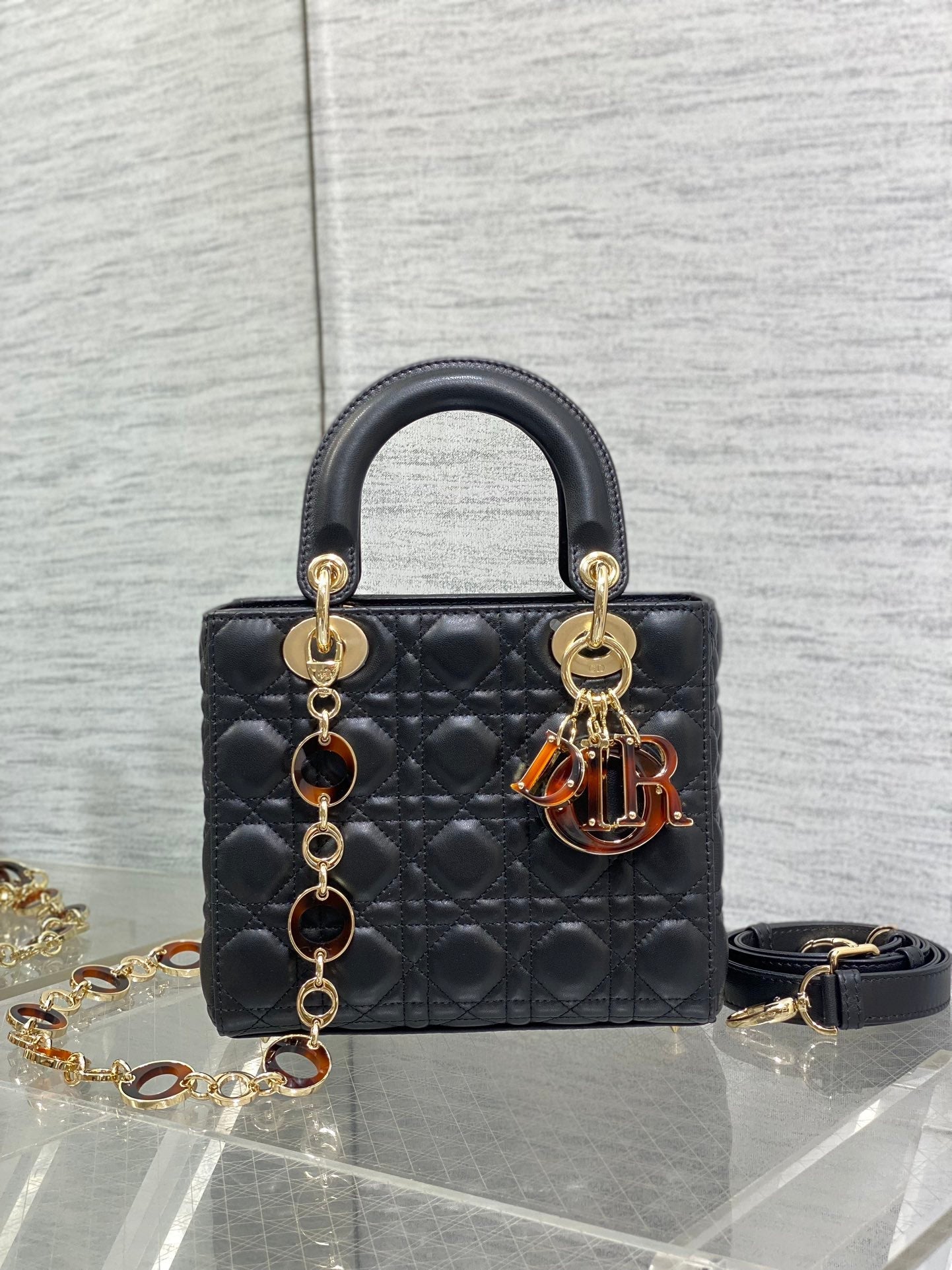 CD Lady Bag 20cm Black Lambskin Brown Charm