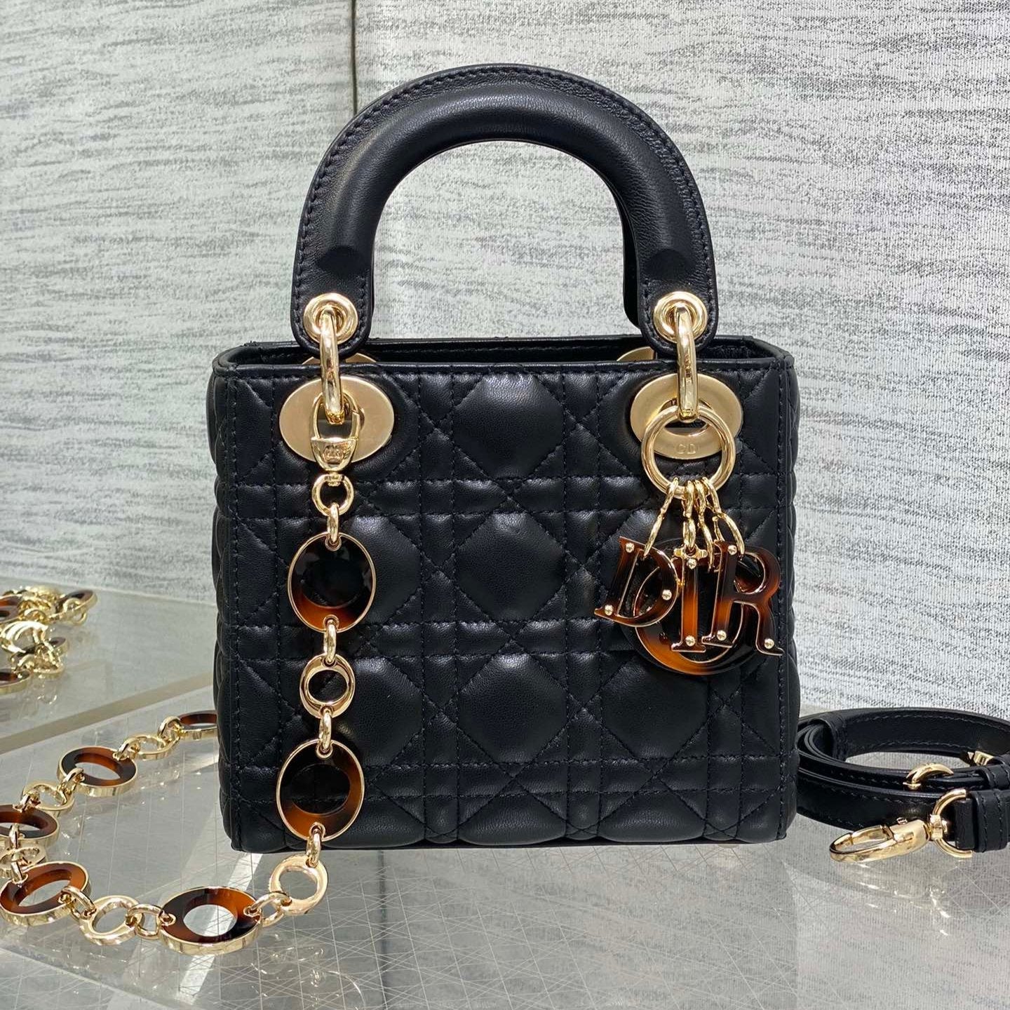 CD Lady 17cm Black Lambskin Brown Charm