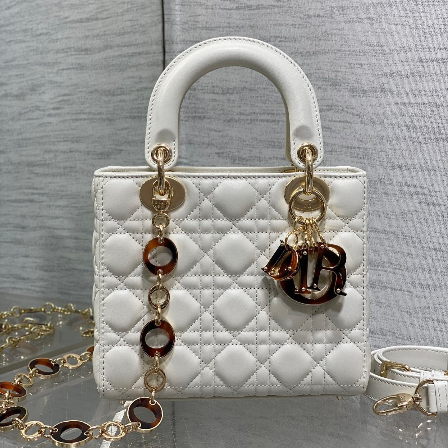 CD Lady Bag 20cm White Lambskin Brown Charm