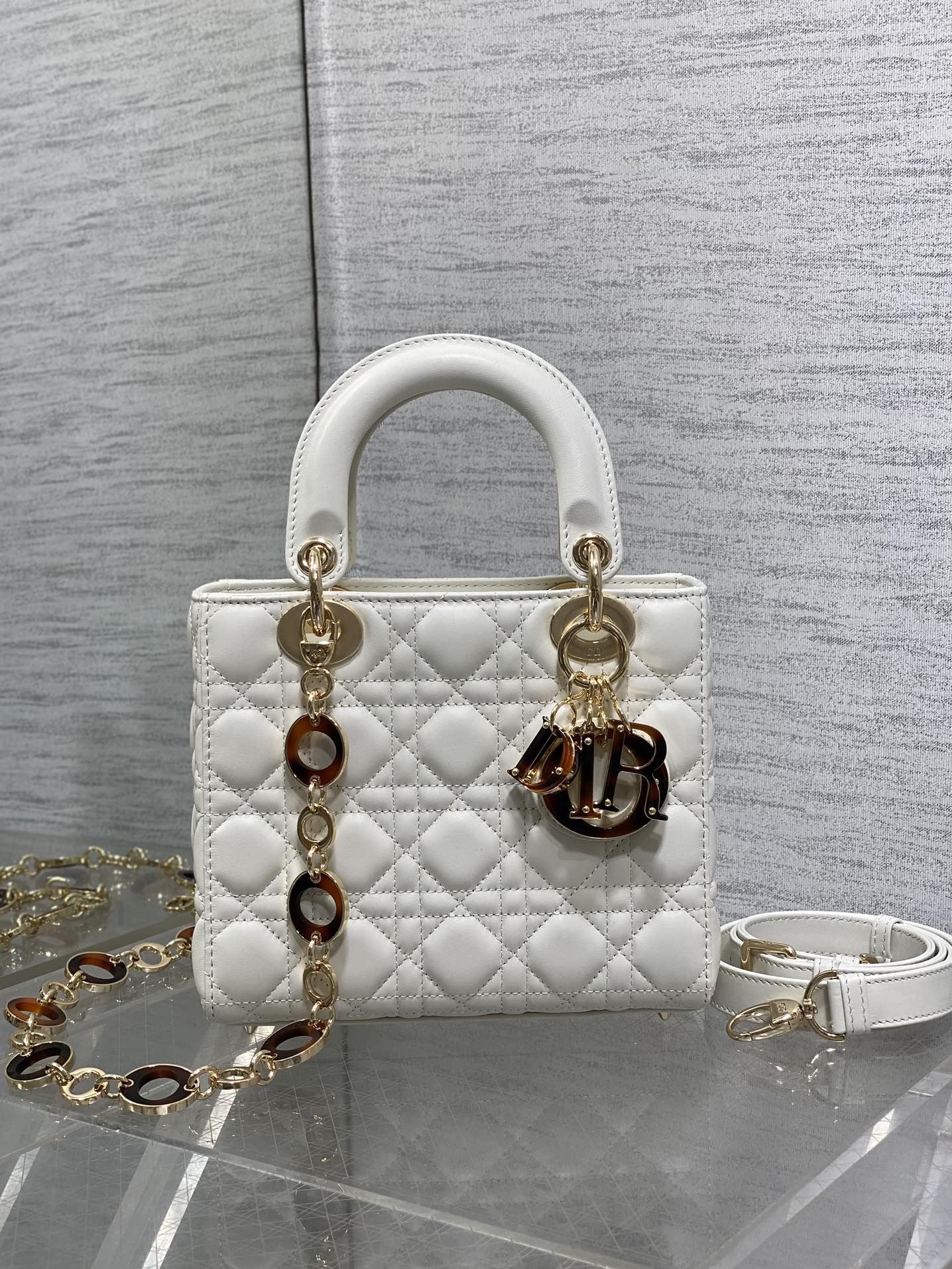 CD Lady Bag 20cm White Lambskin Brown Charm