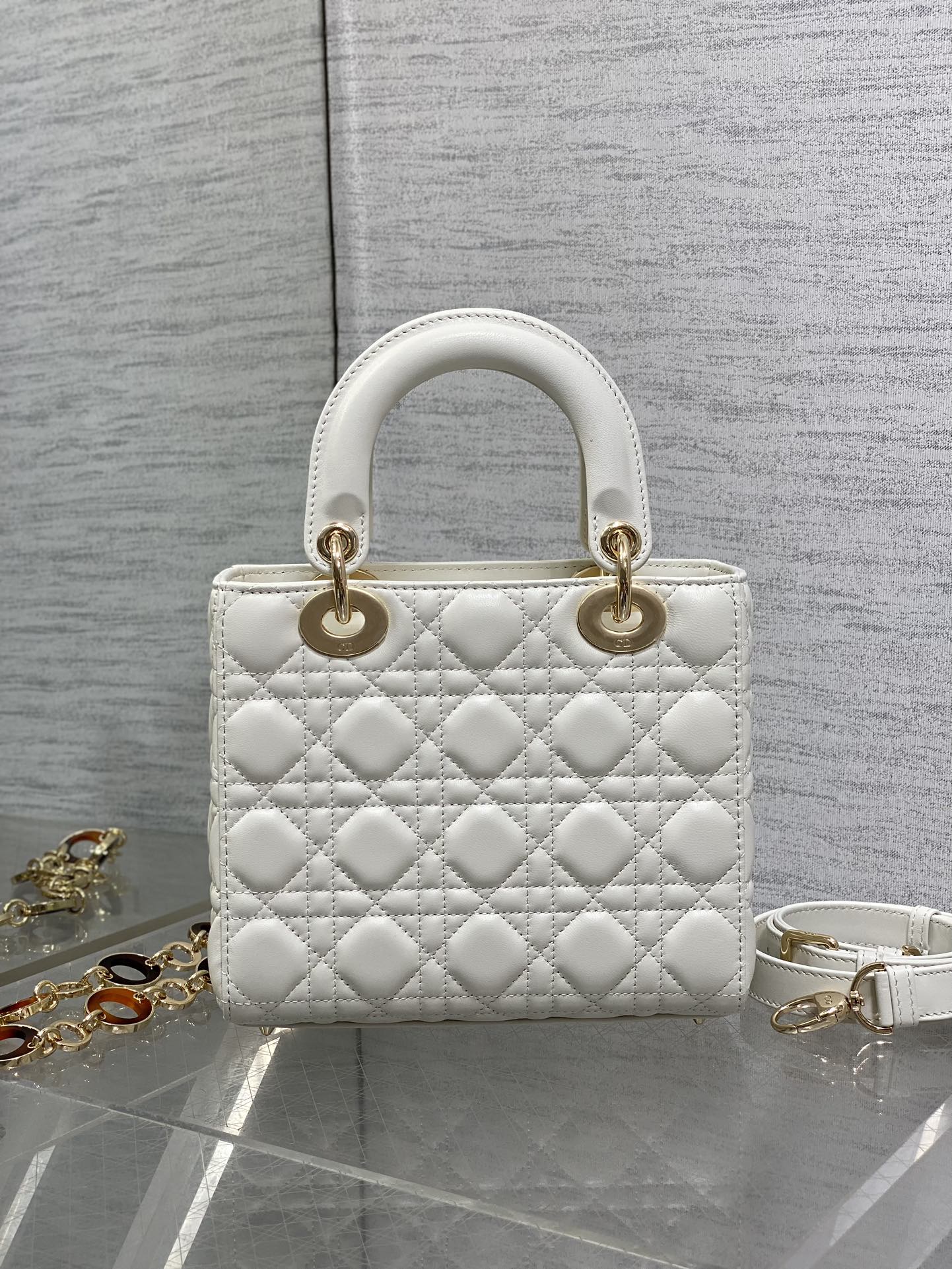 CD Lady Bag 20cm White Lambskin Brown Charm