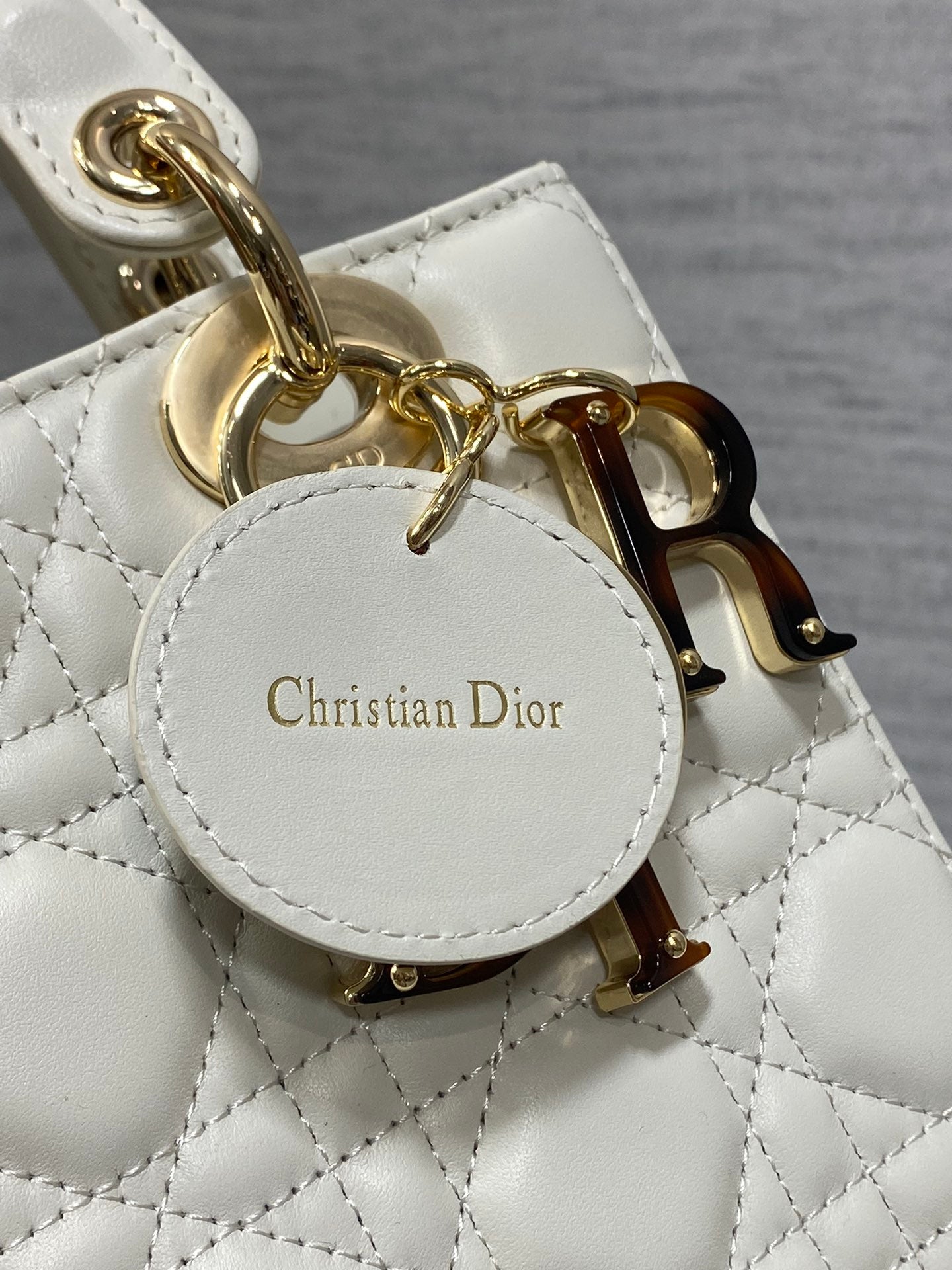 CD Lady Bag 20cm White Lambskin Brown Charm