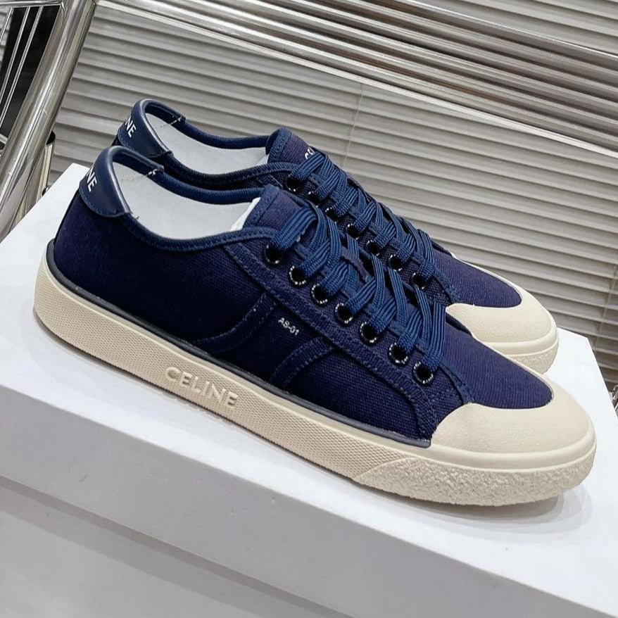 JANE SNEAKERS LOW LACE-UP WITH TRIOMPHE PATCH IN CANVAS AND CALFSKIN NAVY