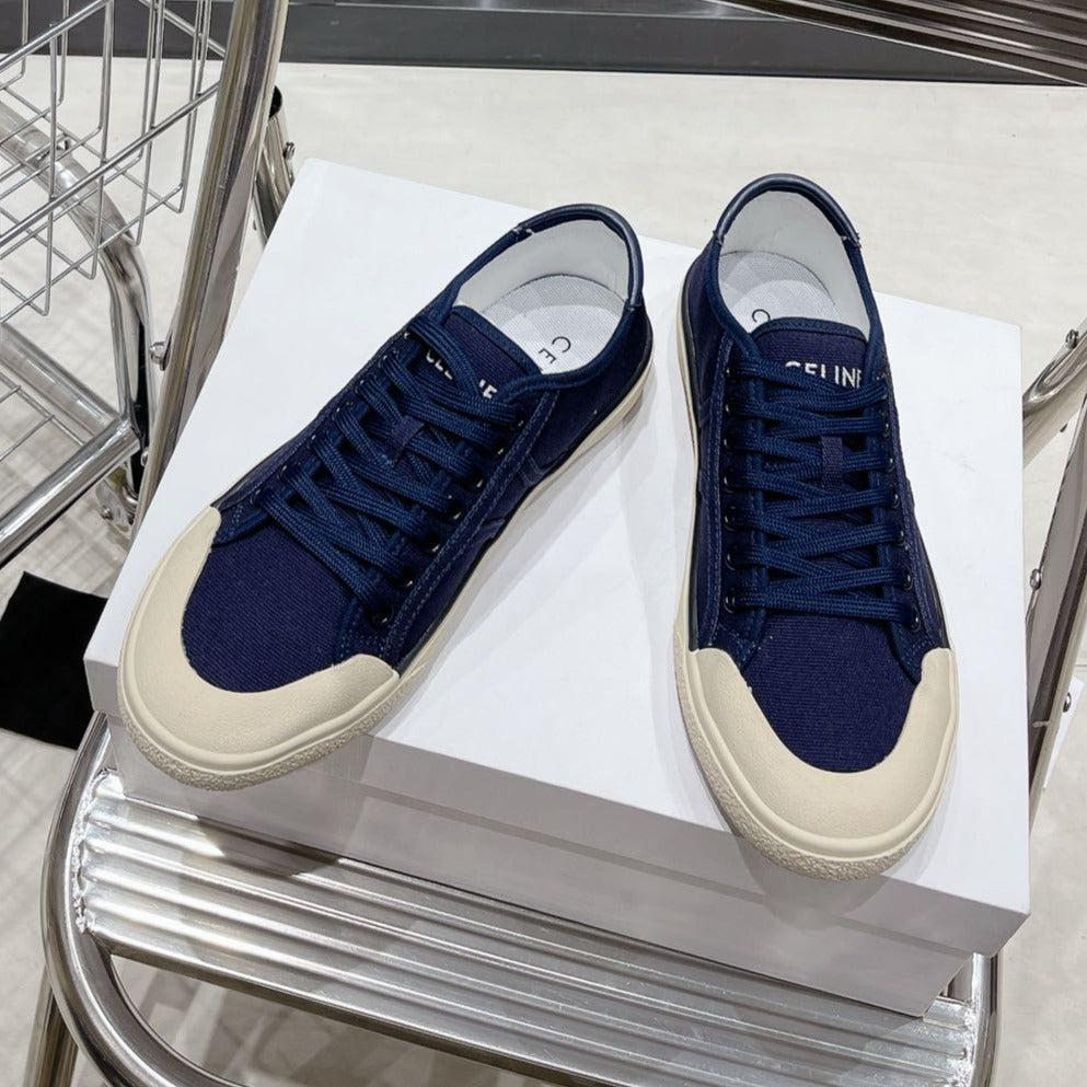 JANE SNEAKERS LOW LACE-UP WITH TRIOMPHE PATCH IN CANVAS AND CALFSKIN NAVY