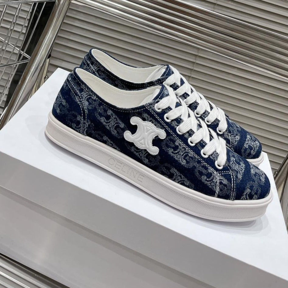 JANE SNEAKERS LOW LACE-UP WITH TRIOMPHE PATCH IN CANVAS AND CALFSKIN DETAIL NAVY/ WHITE LOGO