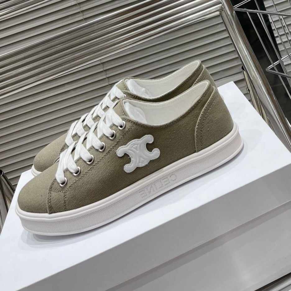 JANE SNEAKERS LOW LACE-UP WITH TRIOMPHE PATCH IN CANVAS AND CALFSKIN STONE GRAY/ WHITE LOGO