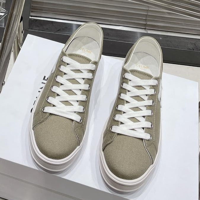 JANE SNEAKERS LOW LACE-UP WITH TRIOMPHE PATCH IN CANVAS AND CALFSKIN STONE GRAY/ WHITE LOGO