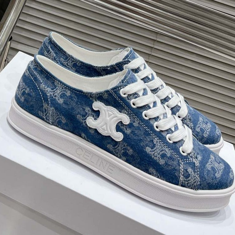 JANE SNEAKERS LOW LACE-UP WITH TRIOMPHE PATCH IN CANVAS AND CALFSKIN DETAIL DENIM/ WHITE LOGO