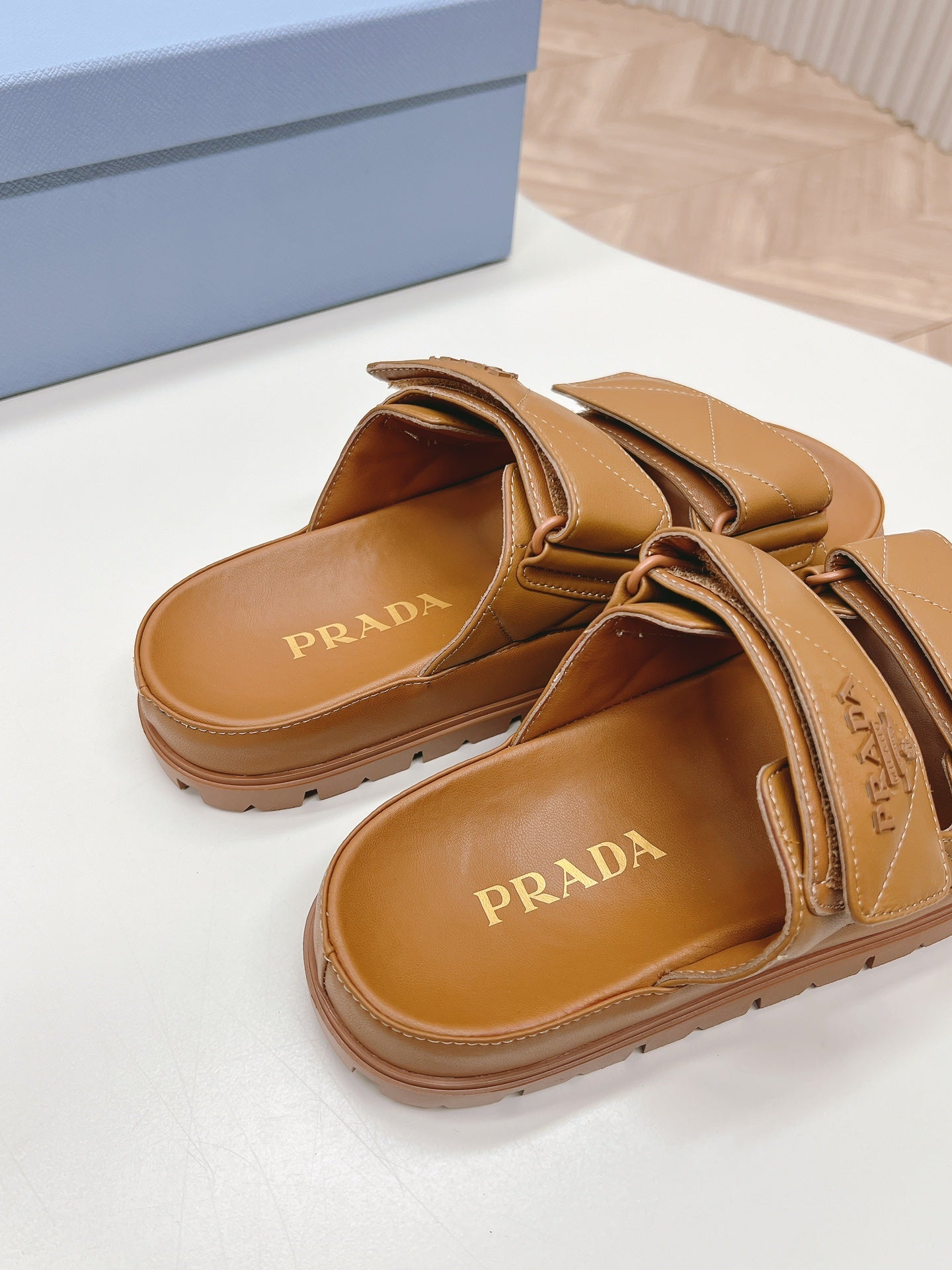 Pra Double Strap Quilted Slide 20 Tan Calfskin