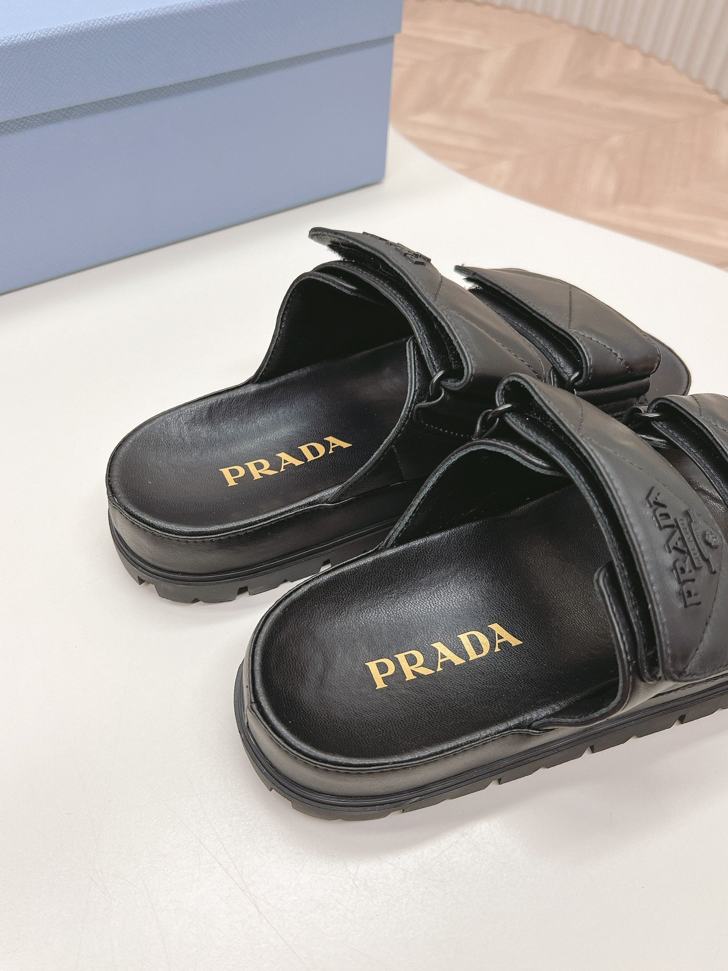 Pra Double Strap Quilted Slide 20 Black Calfskin