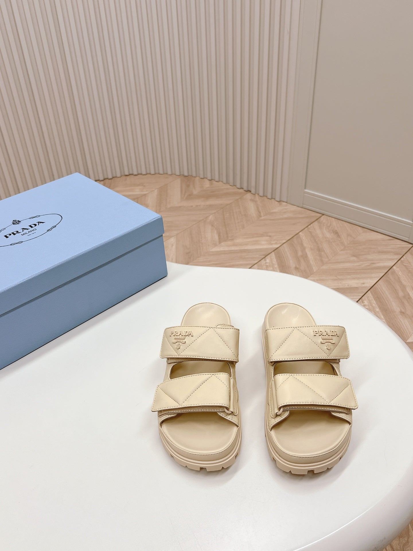 Pra Double Strap Quilted Slide 20 Beige Calfskin