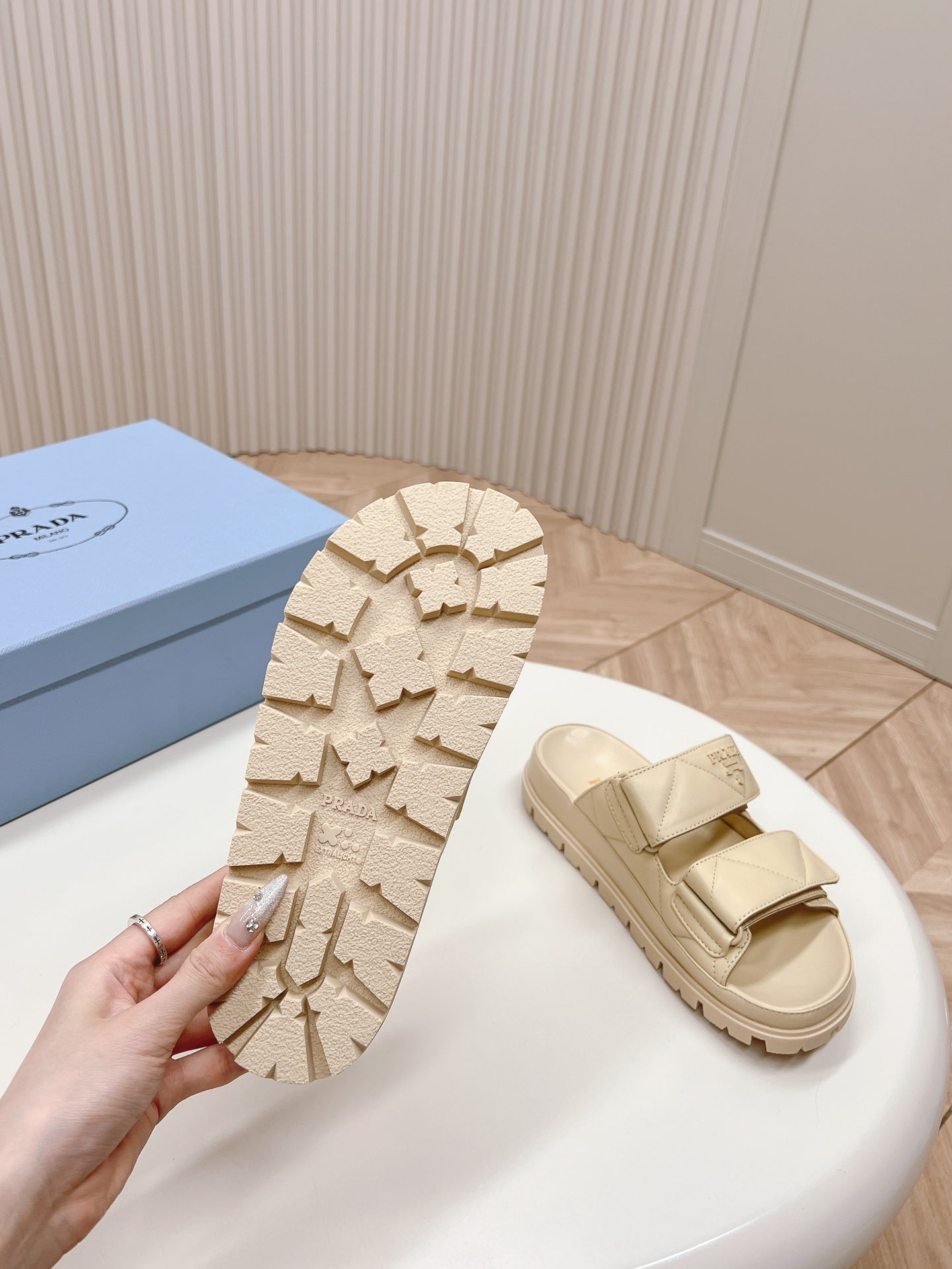 Pra Double Strap Quilted Slide 20 Beige Calfskin