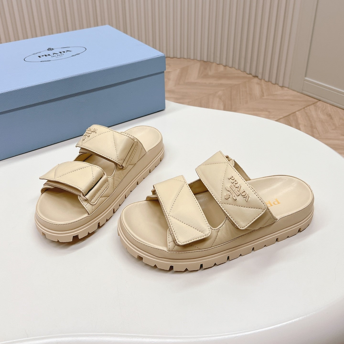 Pra Double Strap Quilted Slide 20 Beige Calfskin