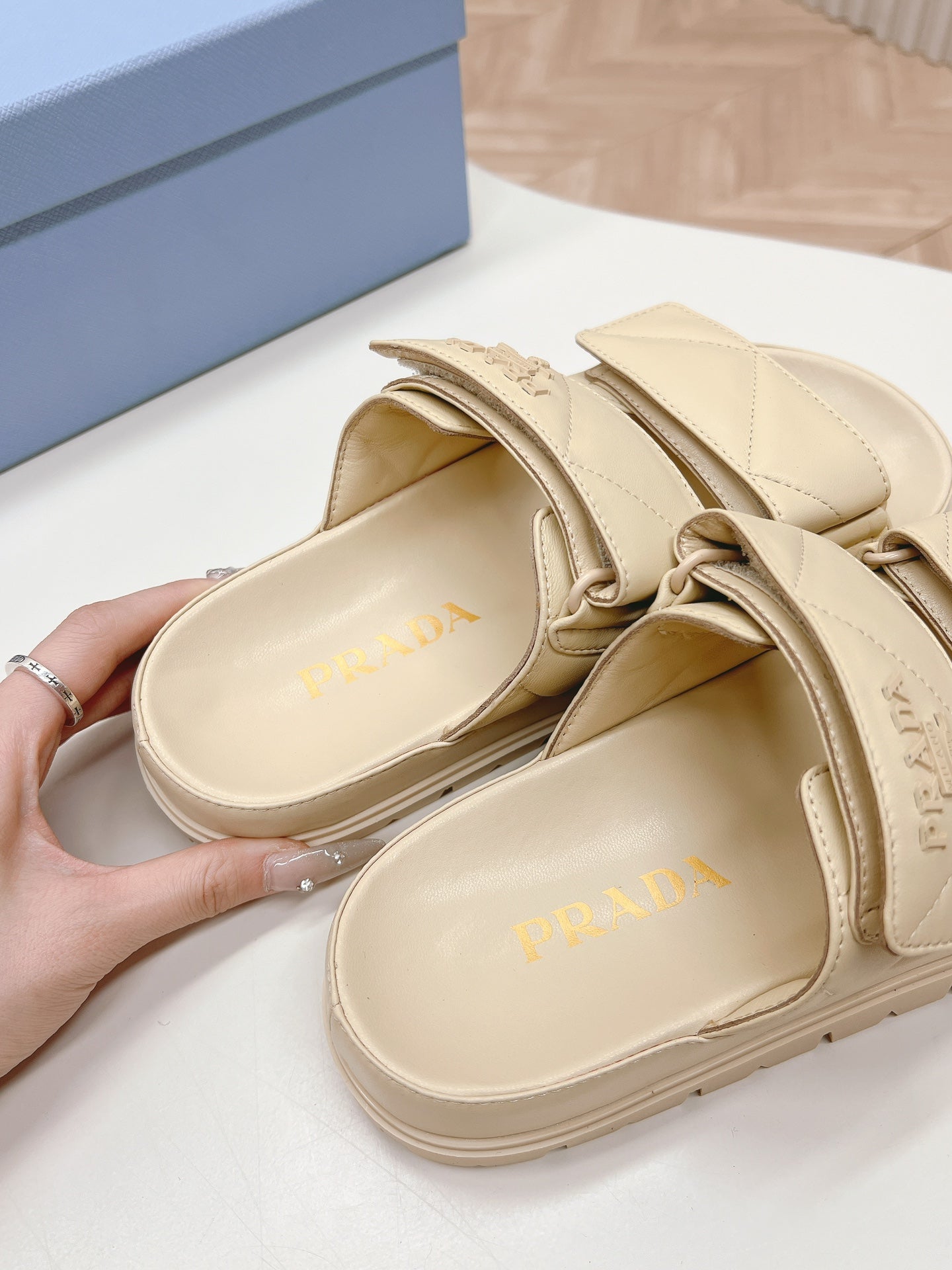 Pra Double Strap Quilted Slide 20 Beige Calfskin