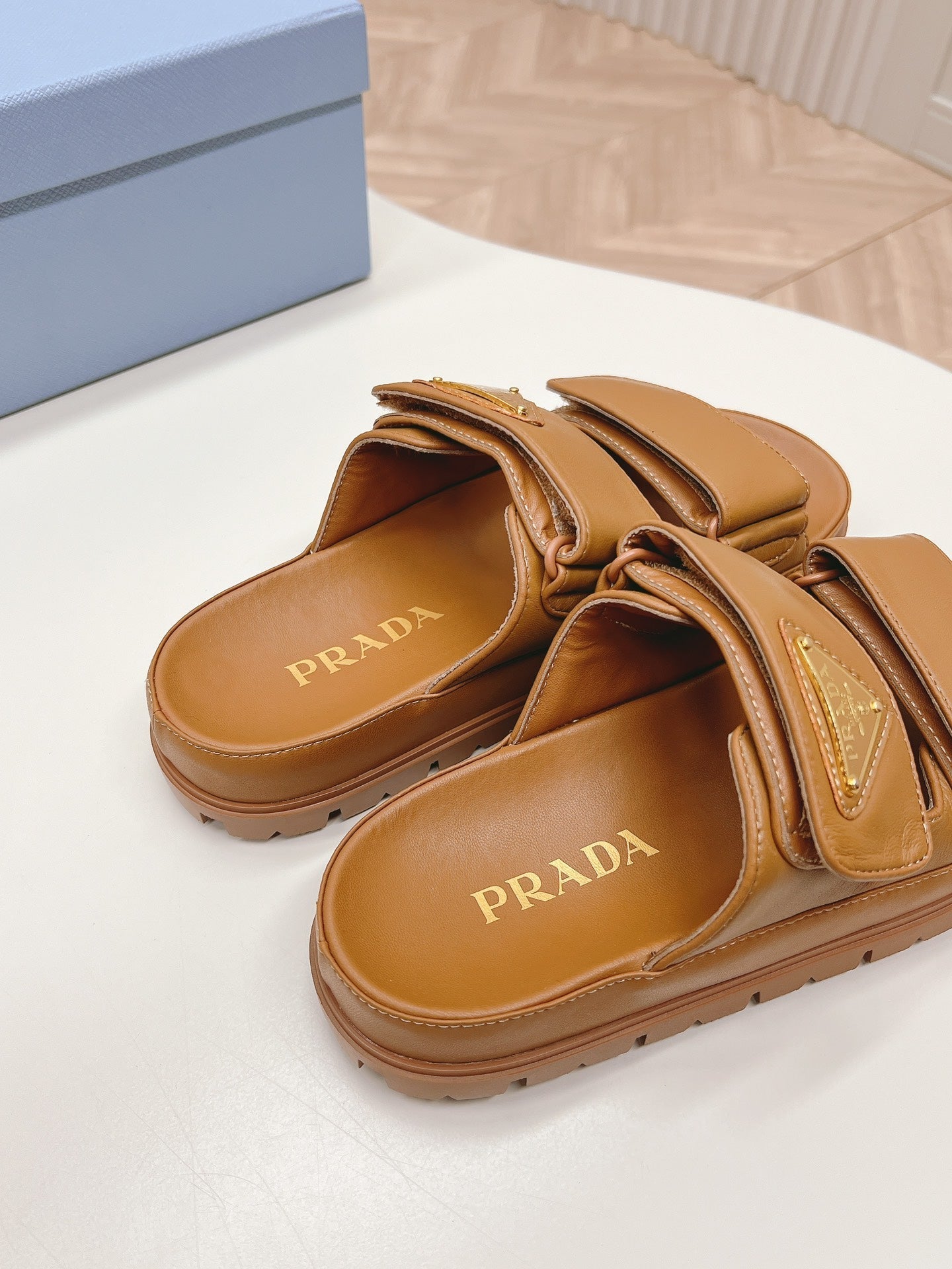 Pra Double Strap Slide 20 With Triangle Logo Tan Calfskin