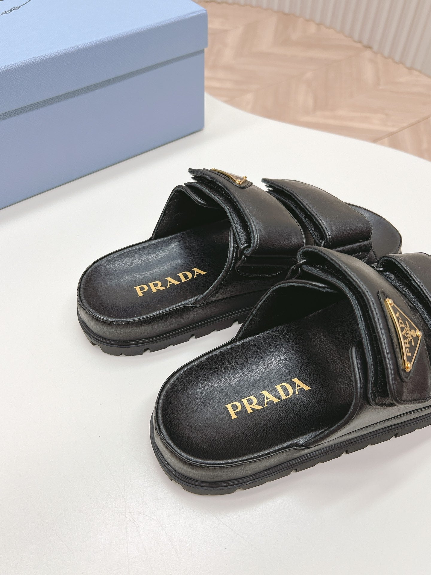 Pra Double Strap Slide 20 With Triangle Logo Black Calfskin