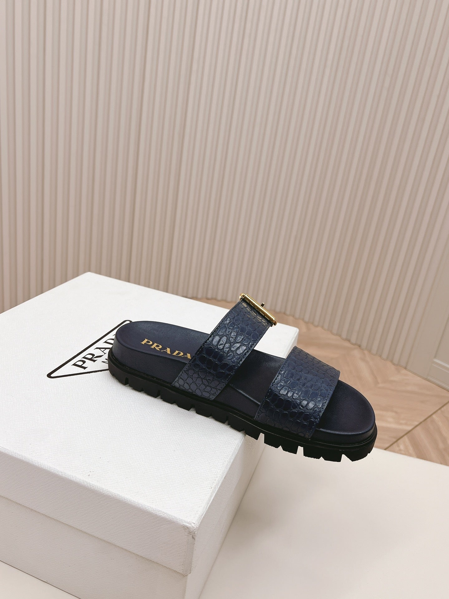 PRA CROCODILE MOTIF SLIDES SANDALS NAVY CALFSKIN