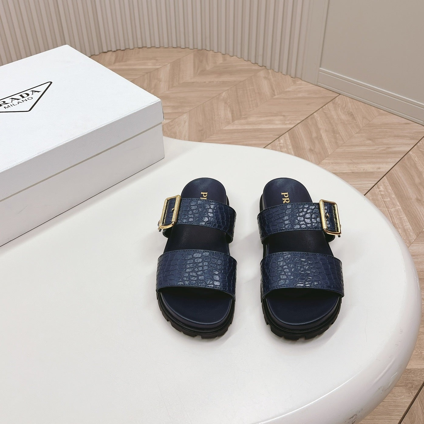 PRA CROCODILE MOTIF SLIDES SANDALS NAVY CALFSKIN