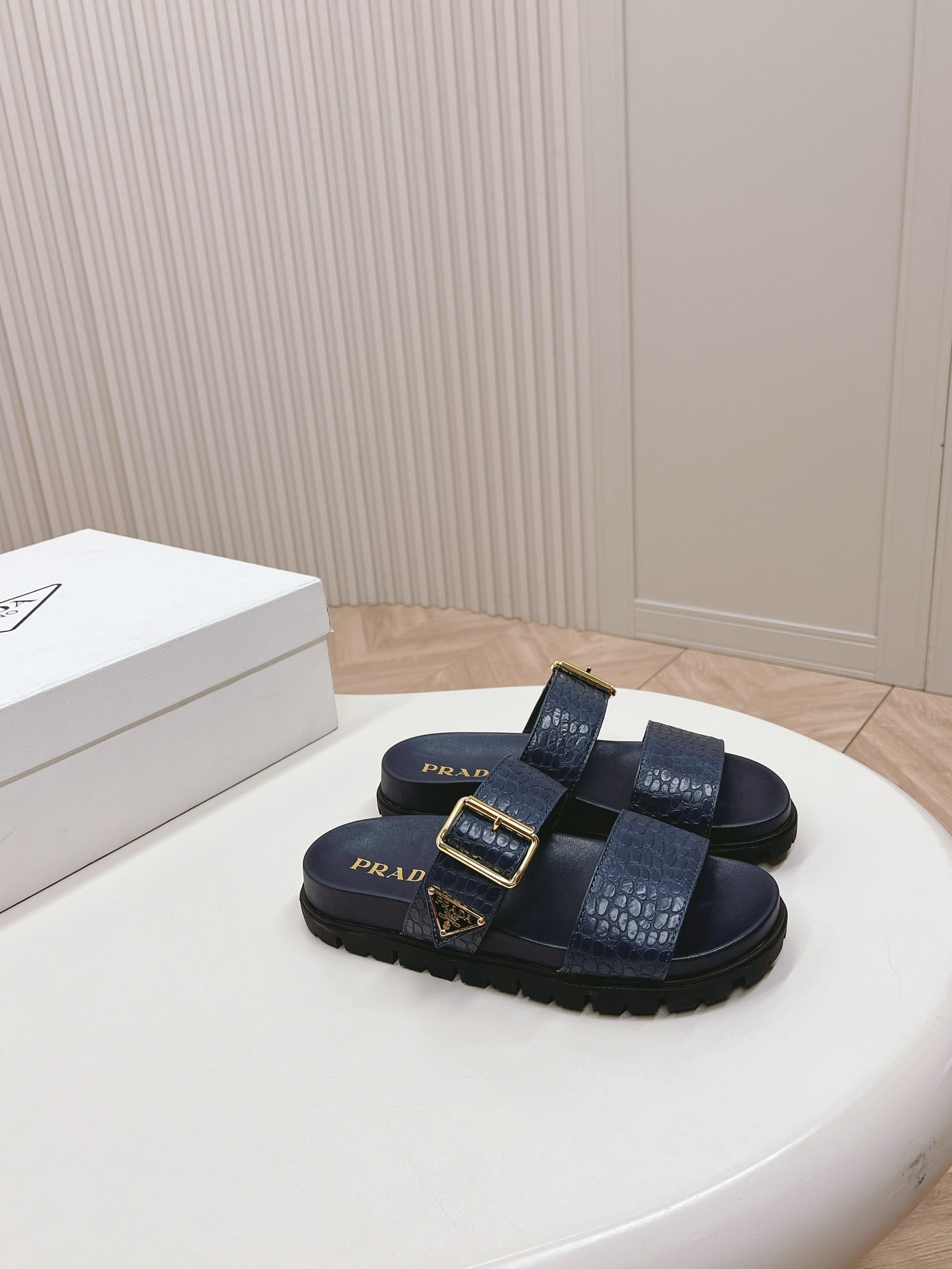 PRA CROCODILE MOTIF SLIDES SANDALS NAVY CALFSKIN