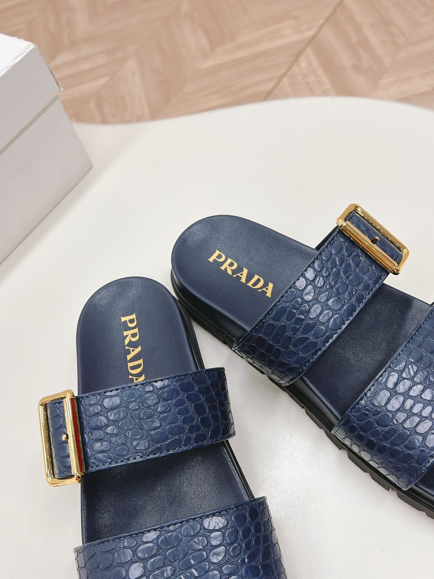 PRA CROCODILE MOTIF SLIDES SANDALS NAVY CALFSKIN