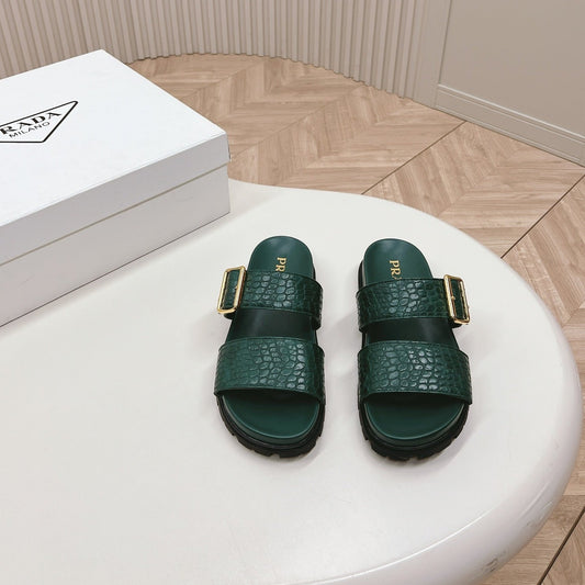 PRA CROCODILE MOTIF SLIDES SANDALS CASTLETON GREEN CALFSKIN