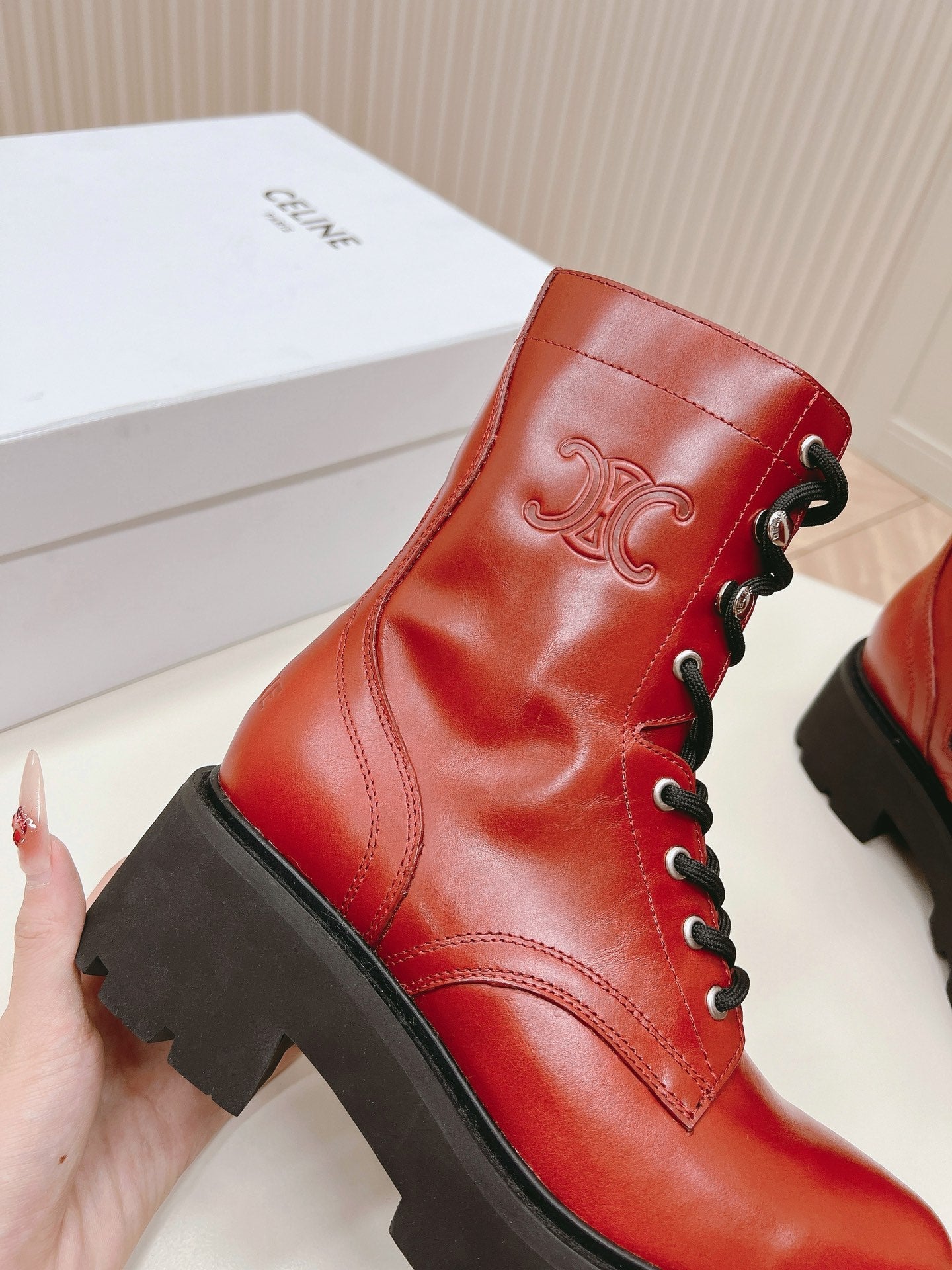 TRIOMPHE RANGERS MID LACE-UP BOOT IN CHERRY RED CALFSKIN