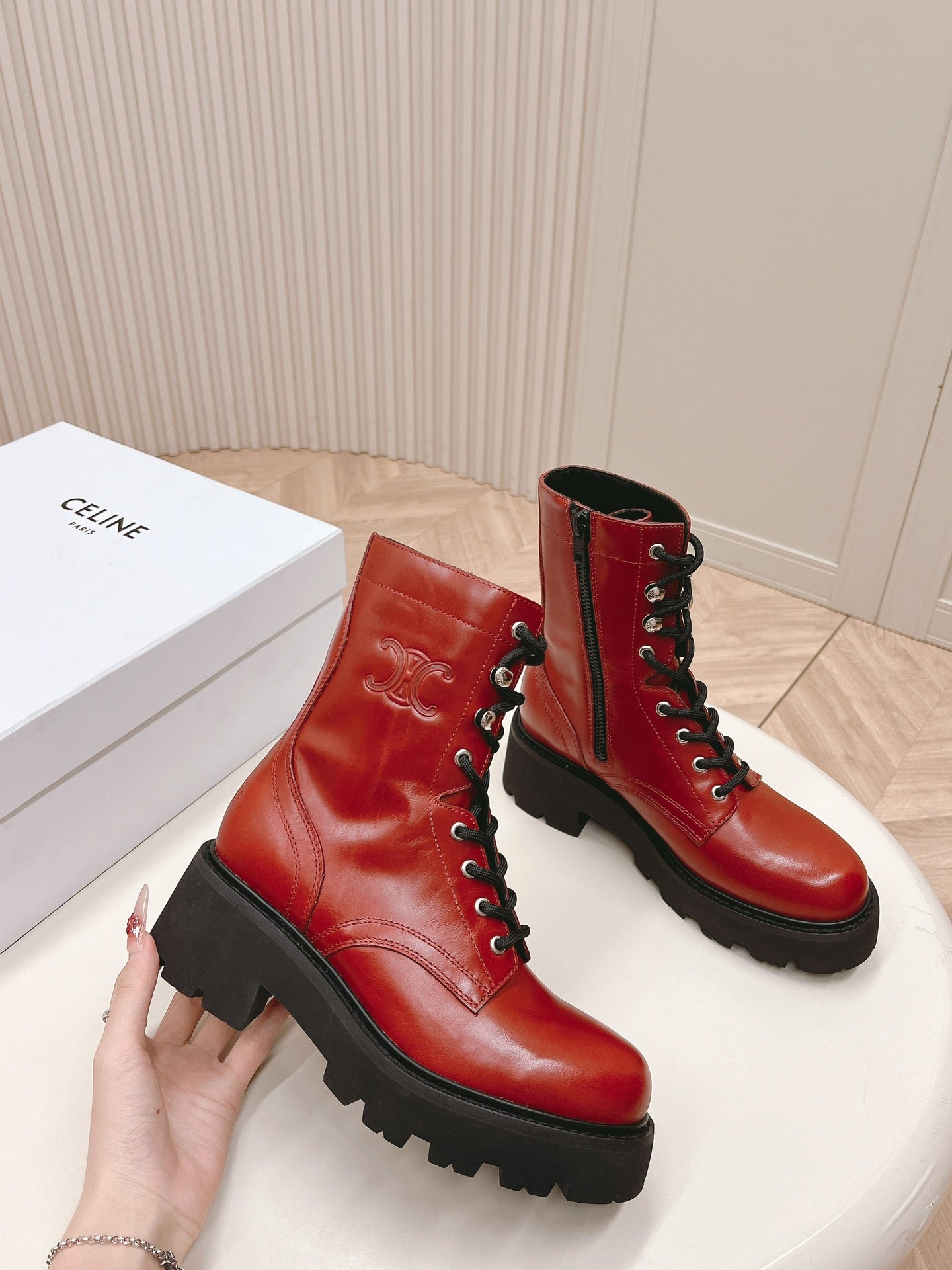 TRIOMPHE RANGERS MID LACE-UP BOOT IN CHERRY RED CALFSKIN