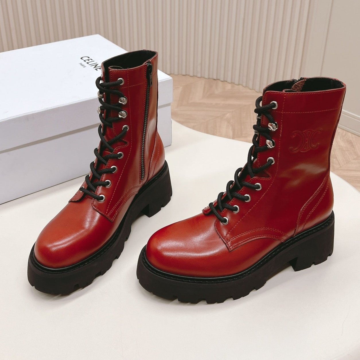 TRIOMPHE RANGERS MID LACE-UP BOOT IN CHERRY RED CALFSKIN