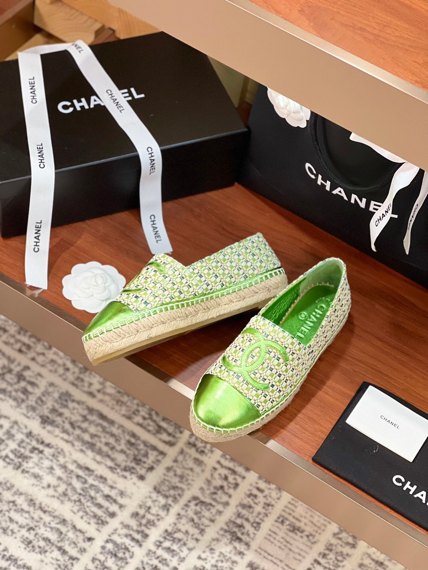 cc espadrilles beige green woolen cloth green metalic lambskin