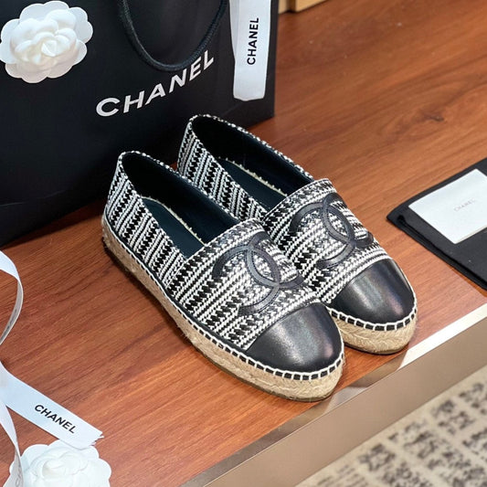 cc espadrilles black white woolen cloth black lambskin