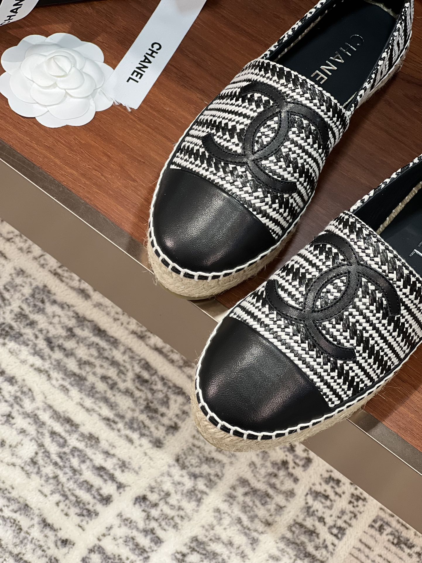 cc espadrilles black white woolen cloth black lambskin