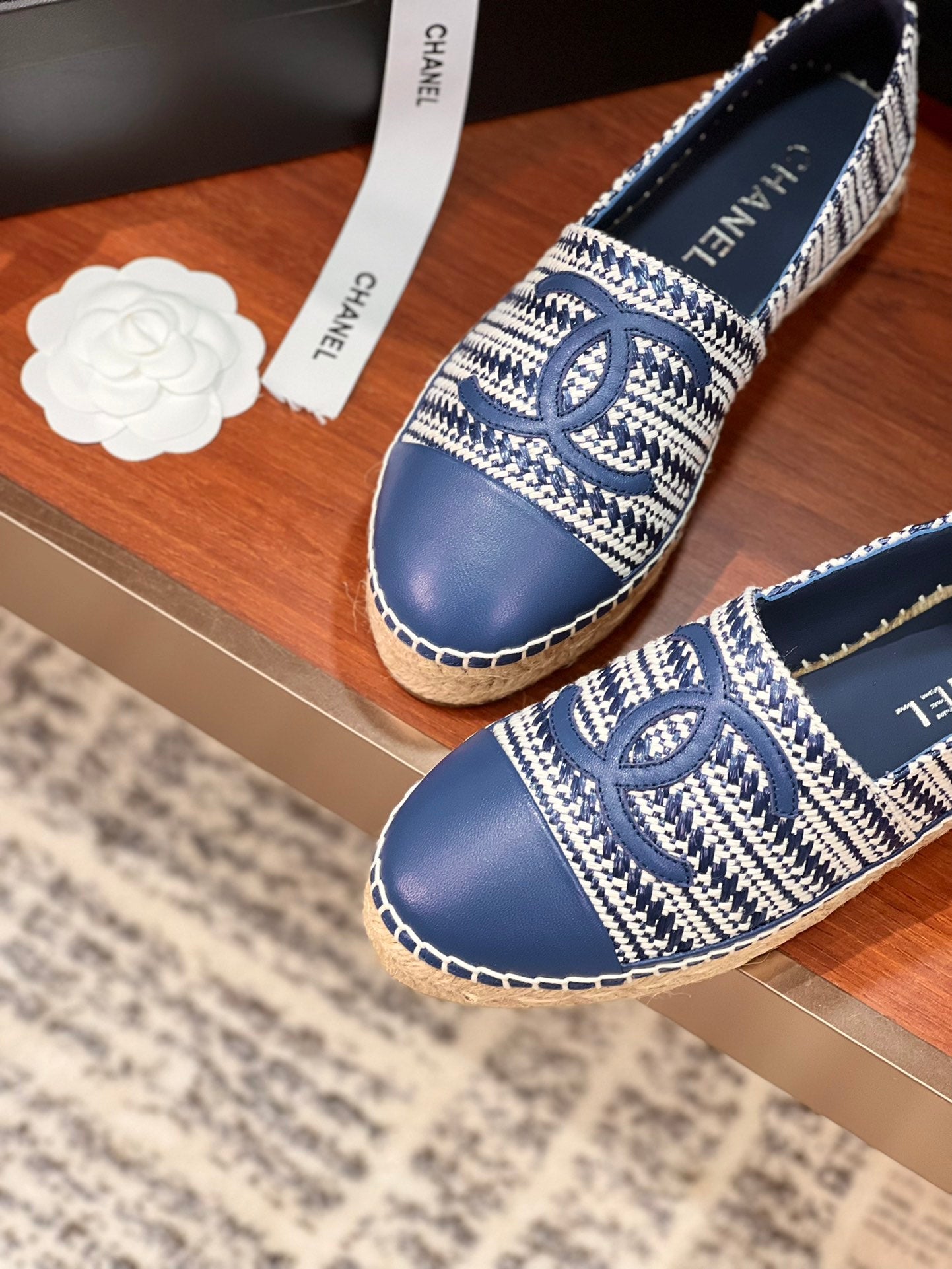 cc espadrilles white blue woolen cloth blue lambskin