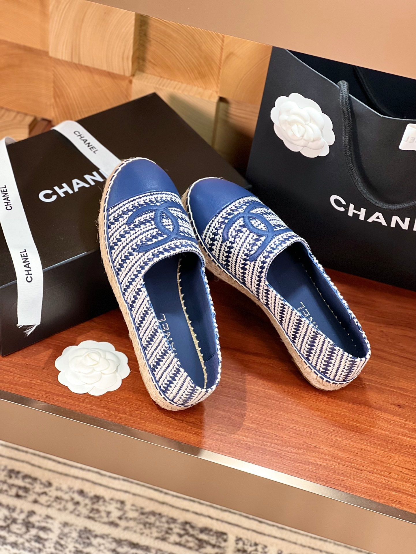 cc espadrilles white blue woolen cloth blue lambskin