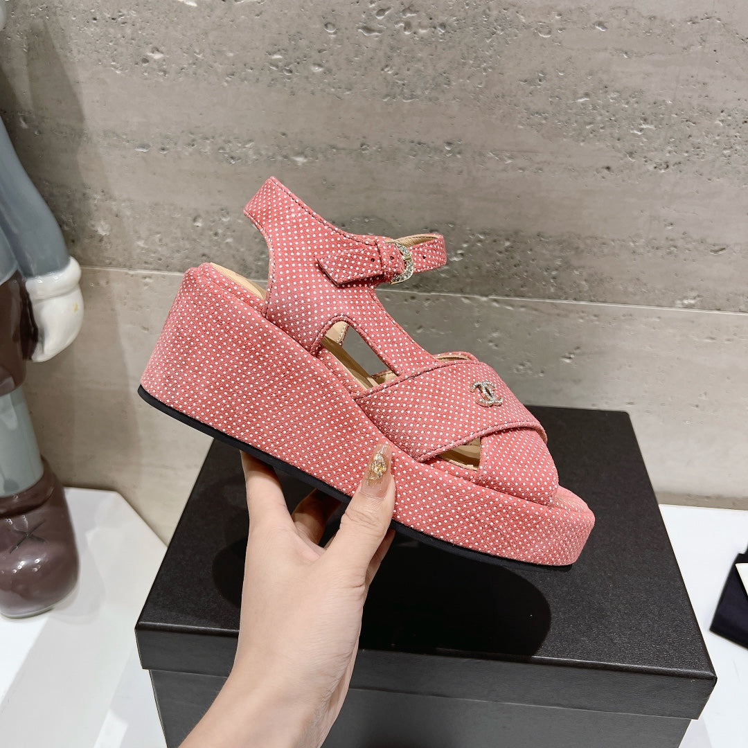 Wedge Open-Toe High Heel Sandals Light Pink Sheepskin