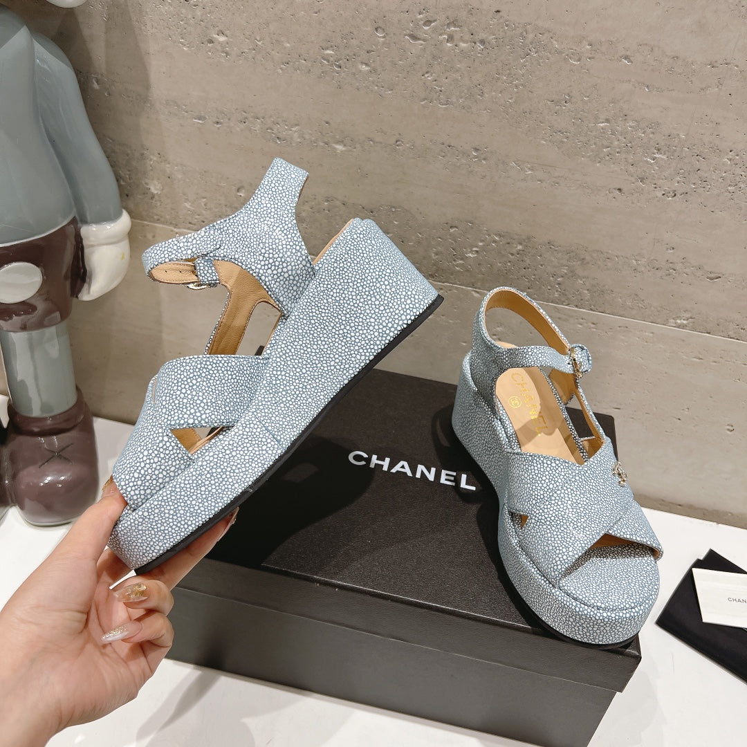 Wedge Open-Toe High Heel Sandals Saphire Blue Sheepskin