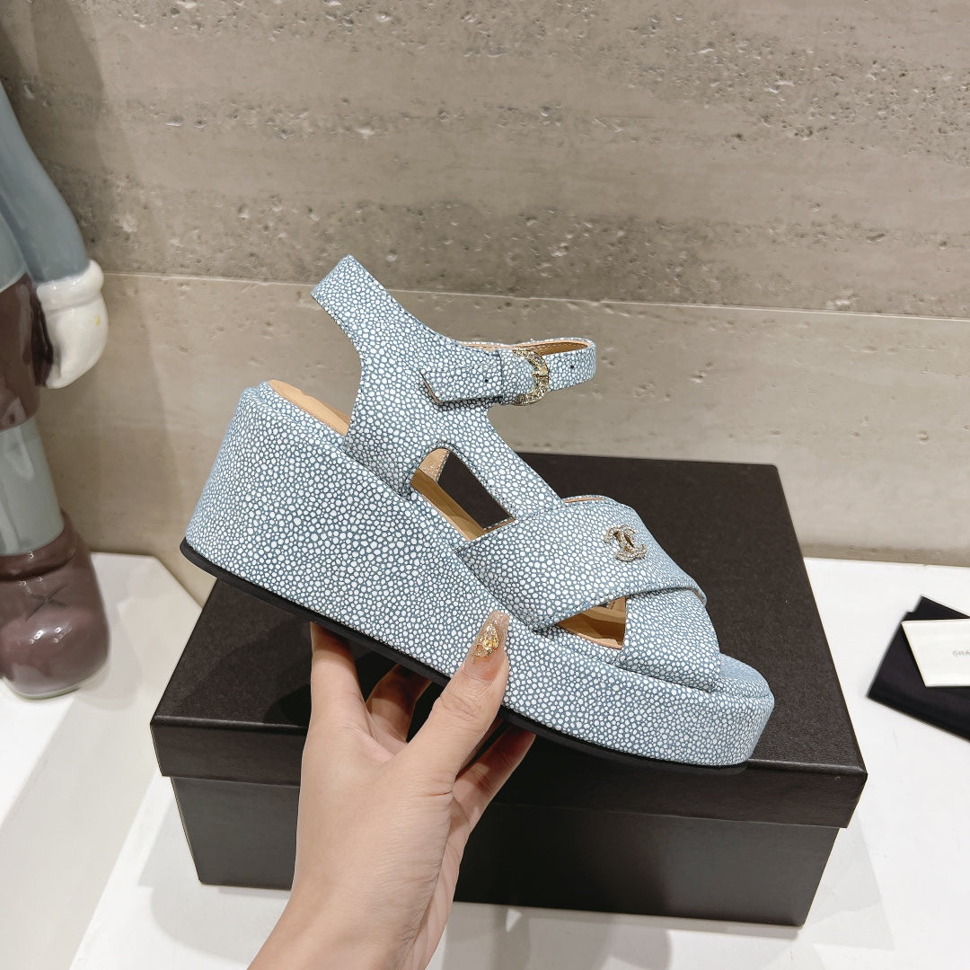 Wedge Open-Toe High Heel Sandals Saphire Blue Sheepskin