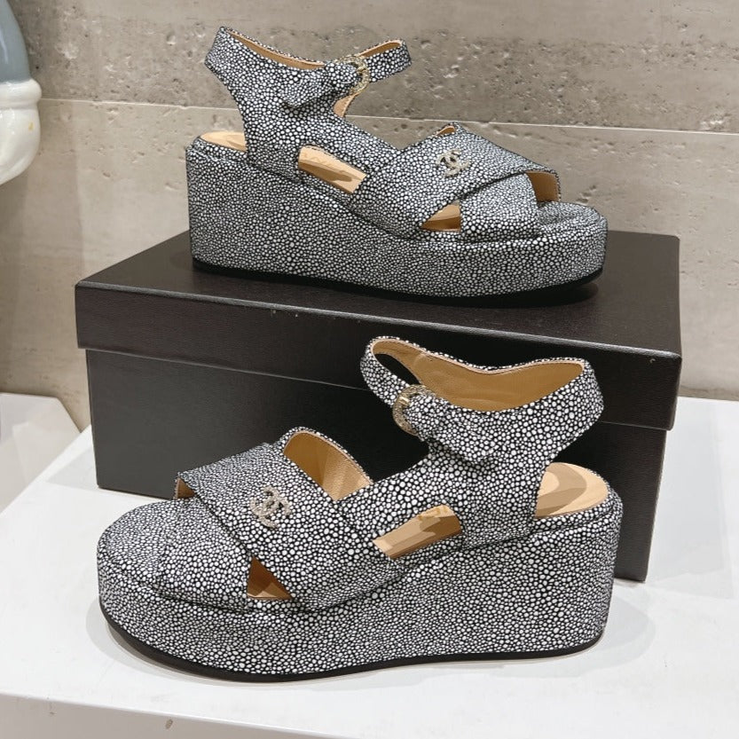 Wedge Open-Toe High Heel Sandals Slate Gray Sheepskin