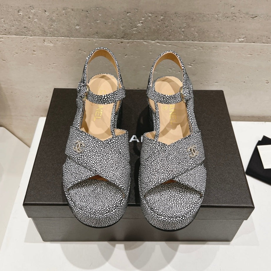 Wedge Open-Toe High Heel Sandals Slate Gray Sheepskin