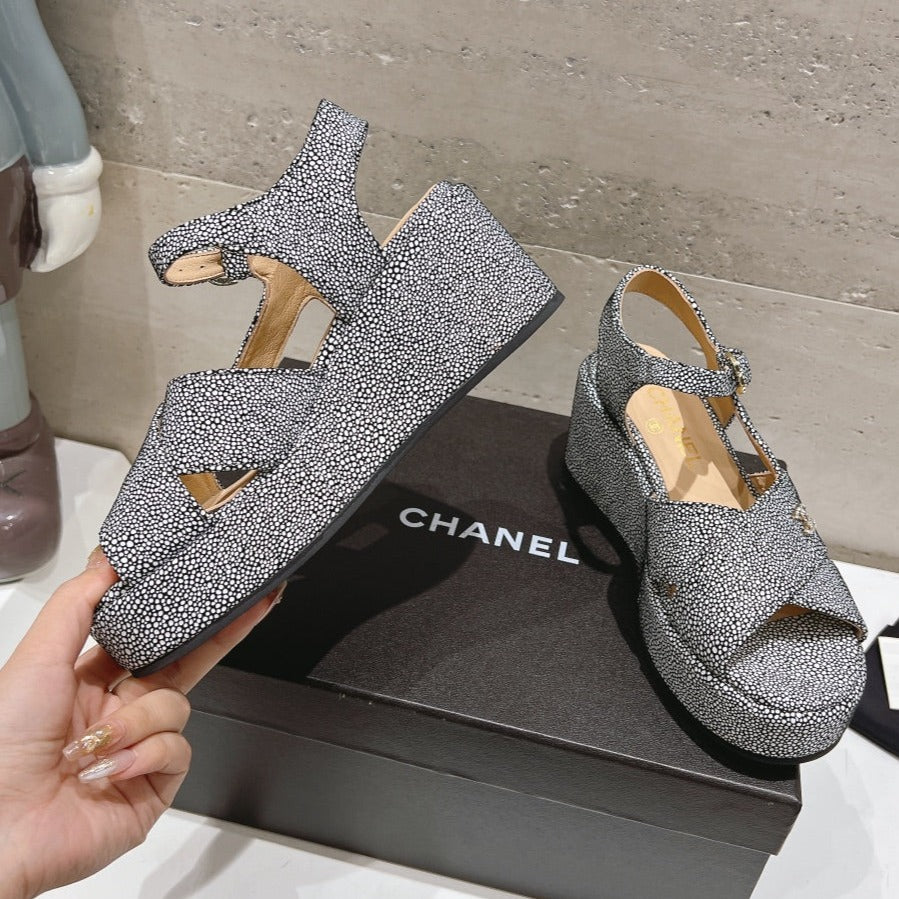 Wedge Open-Toe High Heel Sandals Slate Gray Sheepskin