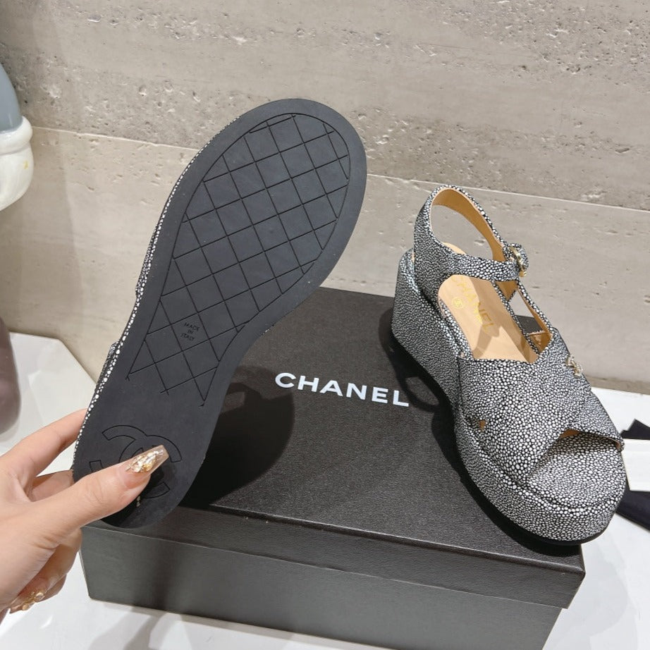 Wedge Open-Toe High Heel Sandals Slate Gray Sheepskin