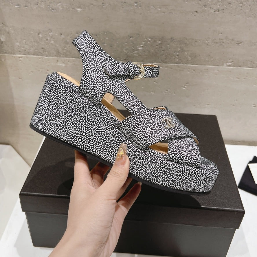 Wedge Open-Toe High Heel Sandals Slate Gray Sheepskin