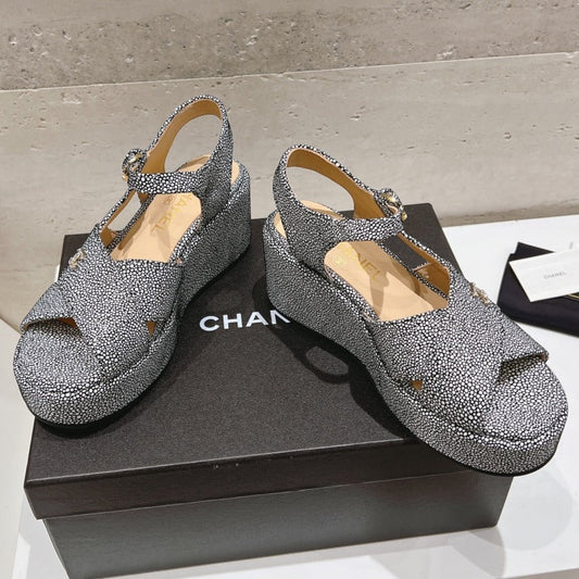 Wedge Open-Toe High Heel Sandals Slate Gray Sheepskin