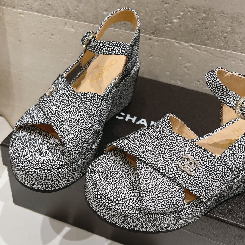 Wedge Open-Toe High Heel Sandals Slate Gray Sheepskin